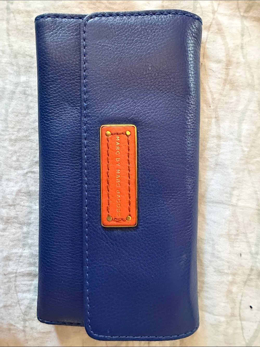 Marc by Marc Jacobs Blue Leather Trifold Wallet with Orange Logo Plate
